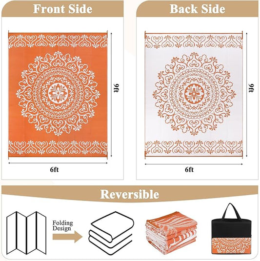 Pauwer Waterproof Outdoor Rug 6x9, Reversible Plastic Straw Patio Camping Rug, Indoor Outdoor RV Mat Carpet for Deck, Camper, Porch, Balcony, Backyard, Picnic, Floral Orange