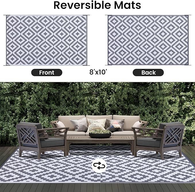 Smiry Waterproof Outdoor Rug 8x10 ft, Reversible Plastic Straw Patio Camping Rugs, Outdoor Indoor RV Mat Carpet for Patio, Outside Entry, Backyard, Deck, Bench, Picnic, Camper, White & Grey