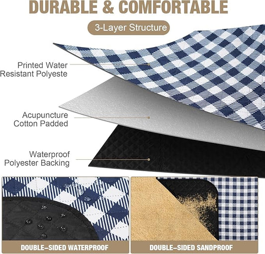 G GOOD GAIN Picnic Blankets Outdoor Extra Large - 80"x80" Portable Waterproof Picnic Blanket, Machine Washable 3-Layer Foldable Park Mat with Sandproof Backing for Grass, Hiking, Travel (Blue)