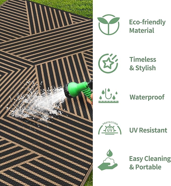 GENIMO Outdoor Rug 8'x10' for Patio Waterproof Clearance, Reversible Outdoor Plastic Straw Rug, Lightweight Carpet Camping Mat for Rv, Camper, Picnic, Balcony, Backyard, Deck, Porch, Black & Brown