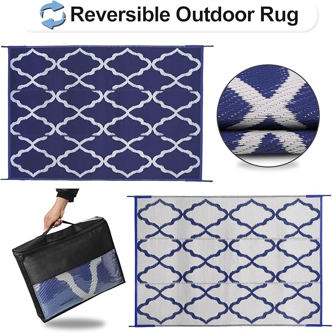 OutdoorLines Outdoor Plastic Area Rugs for Patio 4x6 ft - Reversible Outside Carpet, Stain & UV Resistant RV Mats, Straw Rug for Camping, Deck Garden, Porch and Balcony, Moroccan Navy & Light Grey