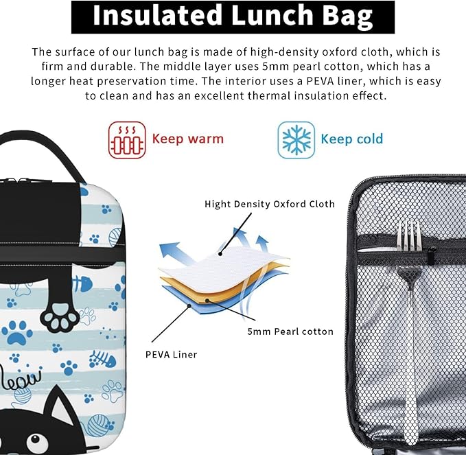 Black Cat Lunch Box for Kids Boys Girls, Blue and White Striped Cat Paws Insulated Lunch Bag for Women Men, Leakproof Durable Lunch Cooler for School Work Picnic