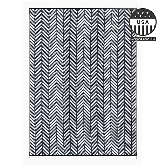 FH Home Outdoor Camping Rug - Waterproof, Fade Resistant, Reversible - Premium Recycled Plastic - Herringbone - Large Patio, Deck, Sunroom, RV - Fresno - Navy - 9 x 12 ft Foldable