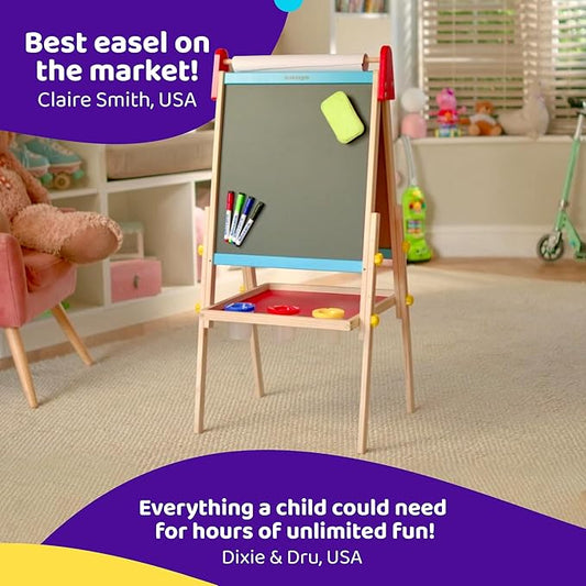 Blue Squid Art Easel for Kids - Dual-Sided Adjustable Wooden Painting Easels, Gift for Toddlers and Kid - with Magnetic Chalk Board, White Board & Paper Roll, (Multicolor +100 Accessories, Premium)