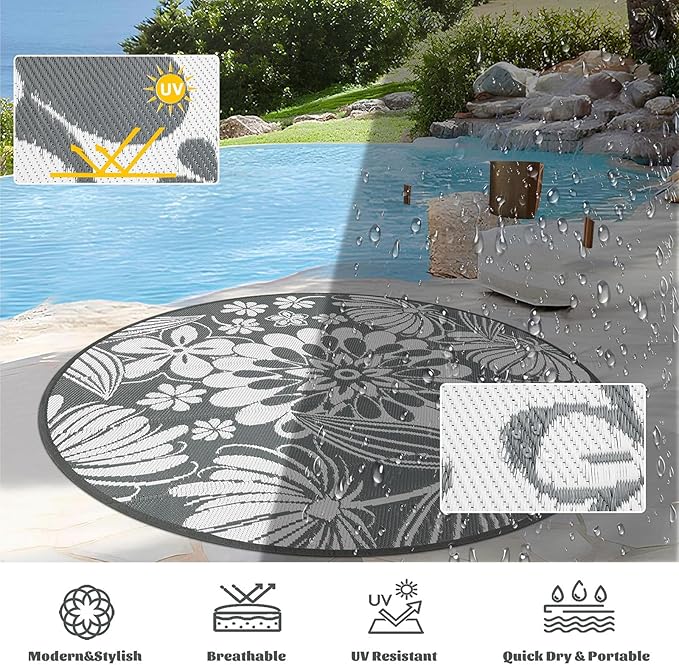 Ileading Round Outdoor Plastic Straw Rug 6ft Funny Floral Style Reversible Patio Area Rugs Waterproof Non Shedding Portable Carpets for Rv Outside Deck Pool Beach Picnic Camping (Grey)
