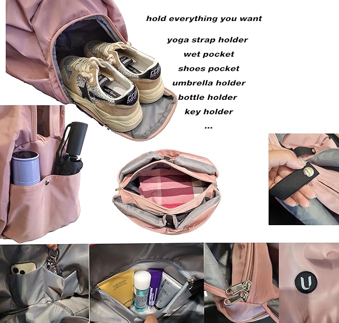 Gym bag with yoga mat holder Gym Bag for Women yoga bag with Shoes Compartment and Wet Dry Storage Pockets with Adjustable (pink)