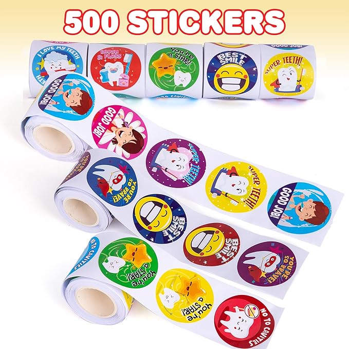 ArtCreativity Dental Sticker Rolls Assortment - Set Includes 500 Dental Themed Stickers - Dental Reward, Goodie Bag Fillers, Party Favors - Fun Craft Tool for Children Ages 3+