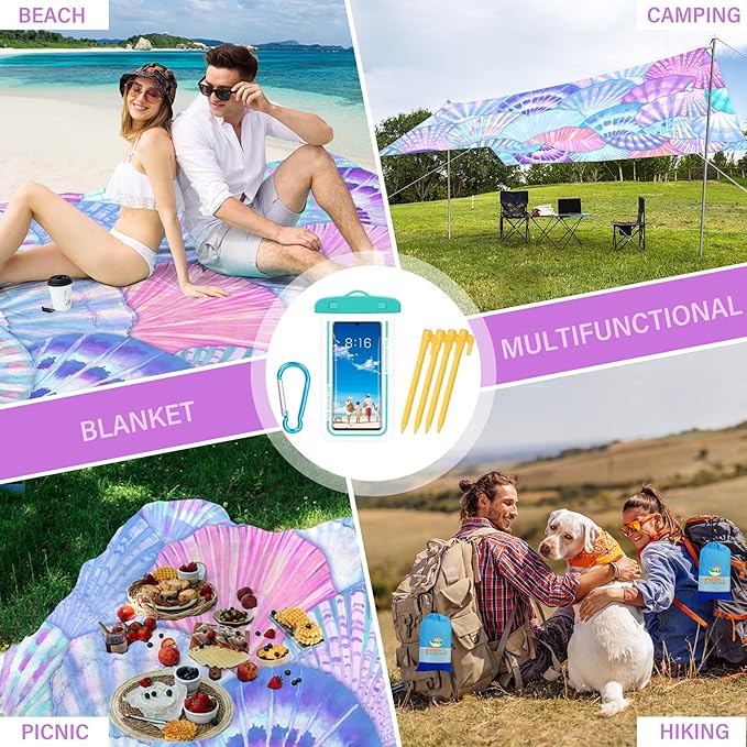 BYDOLL Beach Blanket Waterproof Sandproof 78''×81'' Suits1-4 Adults Compact Lightweight Oversized Sand-Free Blanket Large Picnic Mat for Beach Travel Camping Hiking