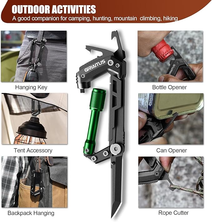 Carabiner Multitool with Pocket Knives, EDC Carabiners, Serrated Knife, Rope Cutter, Screwdriver, Can Bottle Opener, Ruler, Folding Knife for Camping Hiking, Gifts for Men (Green)