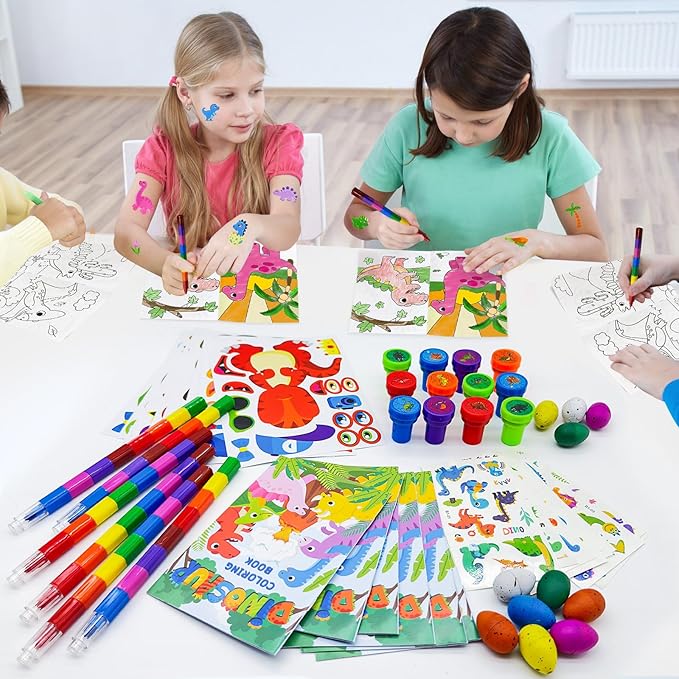 Cinrobiye 72 Pcs Dinosaur Coloring Book with Crayons Party Favors,Dinosaur Party Goodie Bags Fillers,Dinosaur Birthday Party Games Craft DIY Kit Face Stickes Tattoo for Dinosaur Pinatas