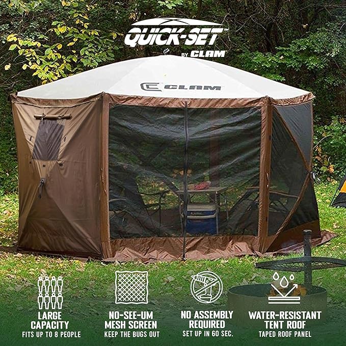 CLAM Pop Up Screen Tent & Shelter, Outdoor Camping Gazebo w/ 6 Wind Panels, 11.5', Brown