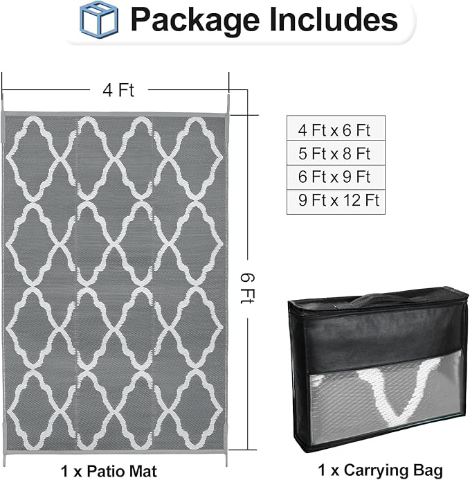 OutdoorLines Outdoor Plastic Area Rugs for Patio 4x6 ft - Reversible Outside Carpet, Stain & UV Resistant RV Mats, Straw Rug for Patio, Camping, Porch and Balcony, Moroccan Grey & Light Grey