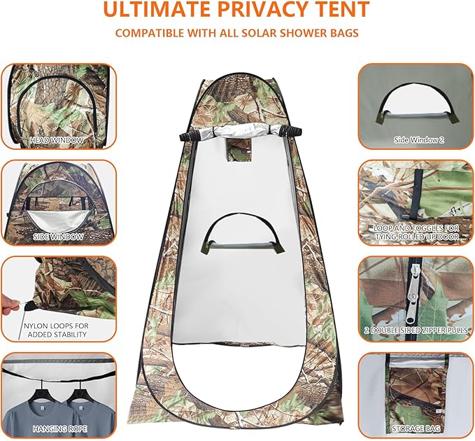 Camping Shower Tent,Pop Up Privacy Tent with Solar Shower Bag,Waterproof Pop Up Shower Tent for Portable Outdoor Toilet Shower Changing Room Sun Shelter Camping (Black/Camouflag/Green)