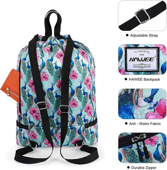 Dry Wet Drawstring Backpack with Shoe Compartment for Women Adjustable Gym Bag