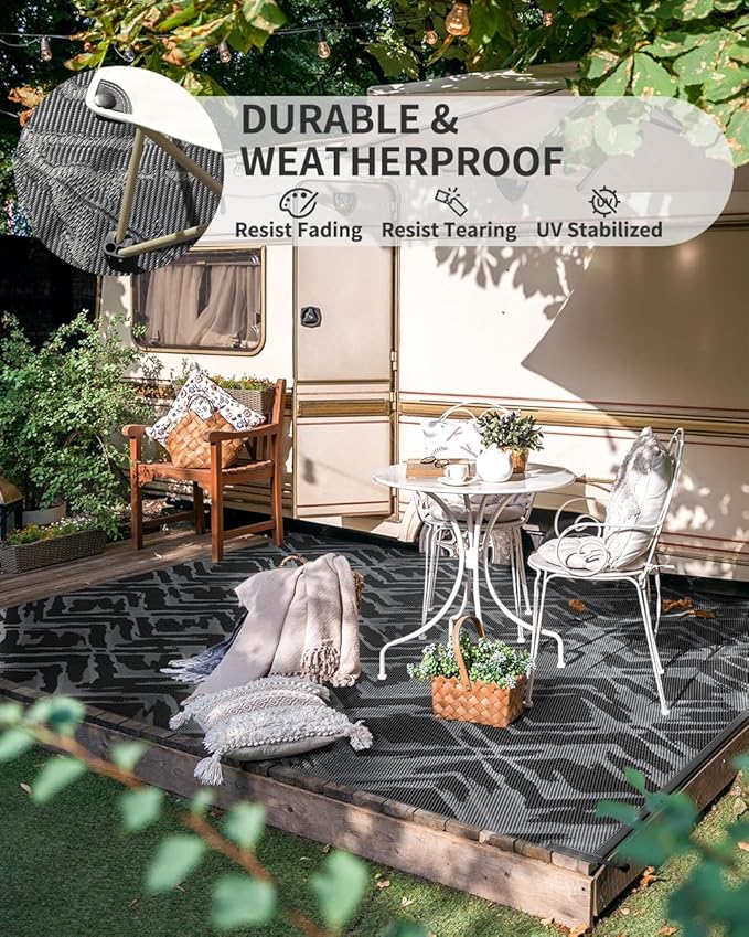 MontVoo Outdoor Rug Waterproof-Patio Rug Mat 5x7 Outdoor Carpet Reversible RV Camping Picnic Plastic Straw Rug Outside Outdoor Area Rug for Balcony Deck Backyard Patio Decor Modern Abstract