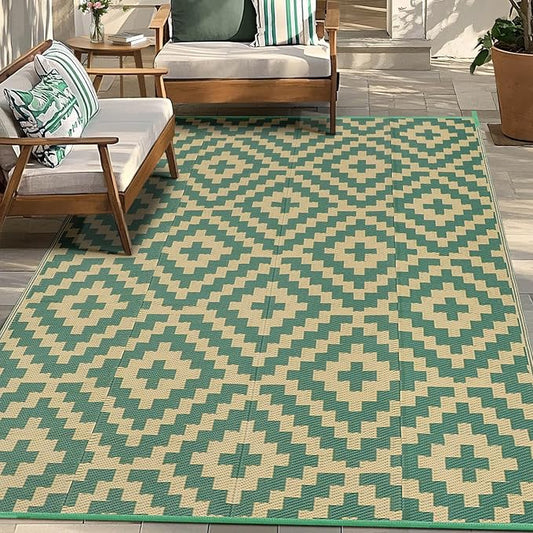 Outdoor Patio Plastic Straw Rug - 5'x8' Outdoor Camping Rug Waterproof Reversible, Area Carpet Patios Clearance RV, Outside Porch Balcony Deck for Camper, Green & Yellow