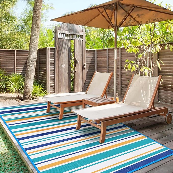 Outdoor Patio Plastic Rug Waterproof - Outdoor Rugs for Camper Outside, Rv, Porch Deck Clearance, Area Carpet for Outside, Balcony, Patio Decor, Blue & Yellow, 4x6 ft