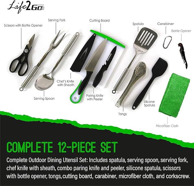 Life2Go 12 Piece Camp Cooking Utensil Set & Outdoor Kitchen Gear Cookware Kit, Portable Compact Carry Case for Camping, Hiking, Travel, BBQ Grilling Stainless Steel Accessories Spoon & Fork, Gray