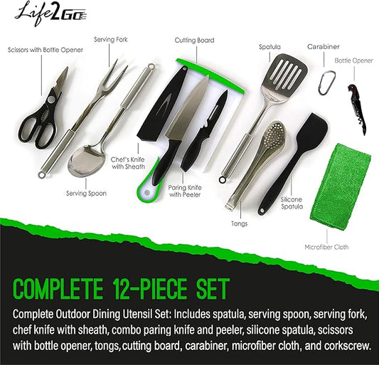 Life2Go 12 Piece Camp Cooking Utensil Set & Outdoor Kitchen Gear Cookware Kit, Portable Compact Carry Case for Camping, Hiking, Travel, BBQ Grilling Stainless Steel Accessories Spoon & Fork, Gray