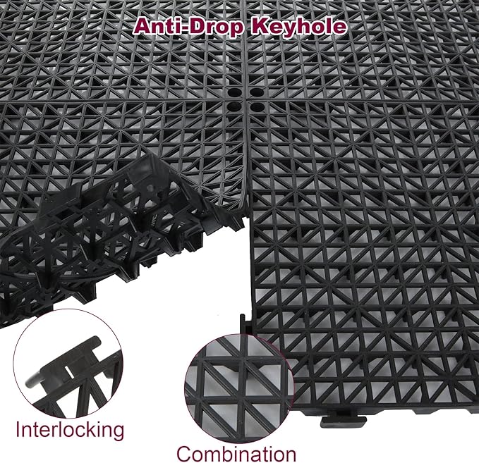 FengWu 12 Pack 12'' x Interlocking Rubber Bathroom Flooring Tiles Non-Slip Splicing Waterproof Mat Modular Cushion for Drain, Deck, Pool, Patio, Balcony, Shower, Kitchen, Yard (Black)