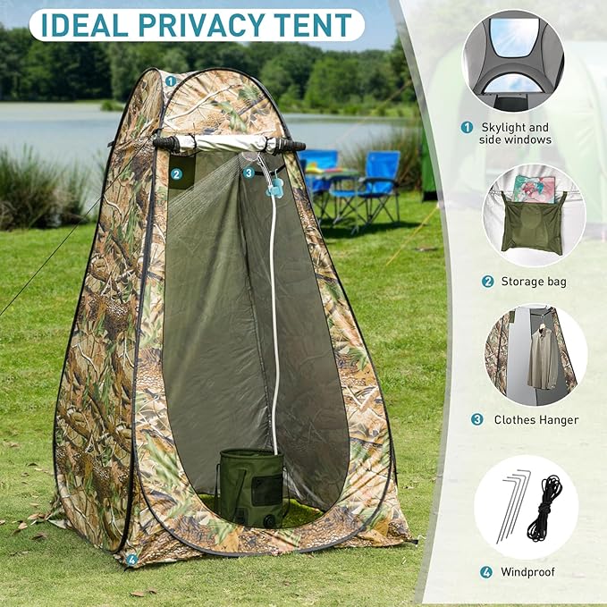 Portable Hot Shower Tent Kit - Immersion Heated 1000W, Rechargeable Pump, Pop-Up Tent for Adults Outdoor, 6.6 Gallon Folding Bucket