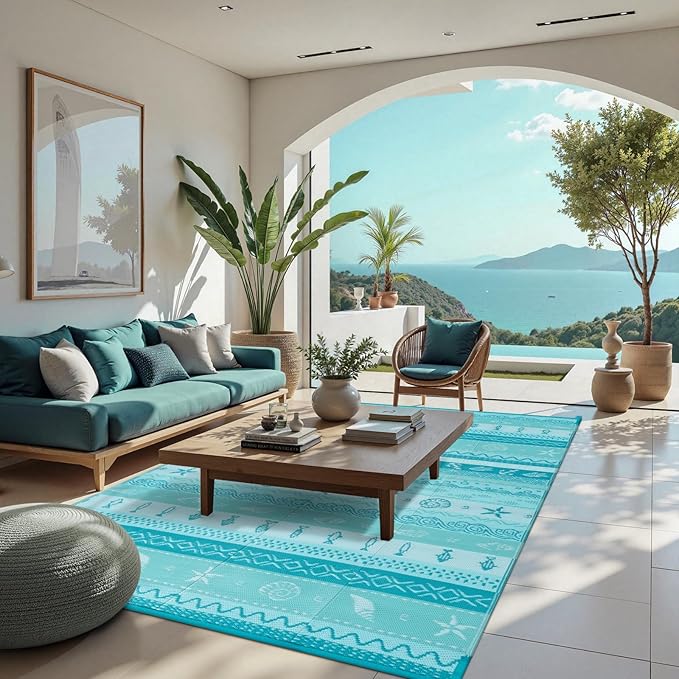 Lahome Outdoor Rug Waterproof, 6x9 Reversible Outdoor Plastic Straw Rug for Camping, RV Patio Rugs Large Carpet for Porch Deck Backyard Balcony Picnic(Blue/Multi,6'x 9')