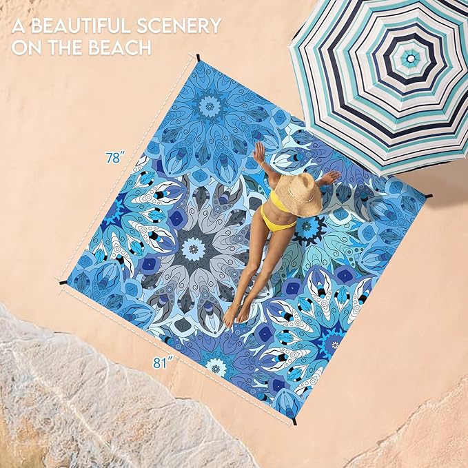 BYDOLL Beach Blanket Waterproof Sandproof 78''×81'' 1-7 Adults Oversized Lightweight Large Picnic Mat Waterproof Sandproof Blanket for Beach