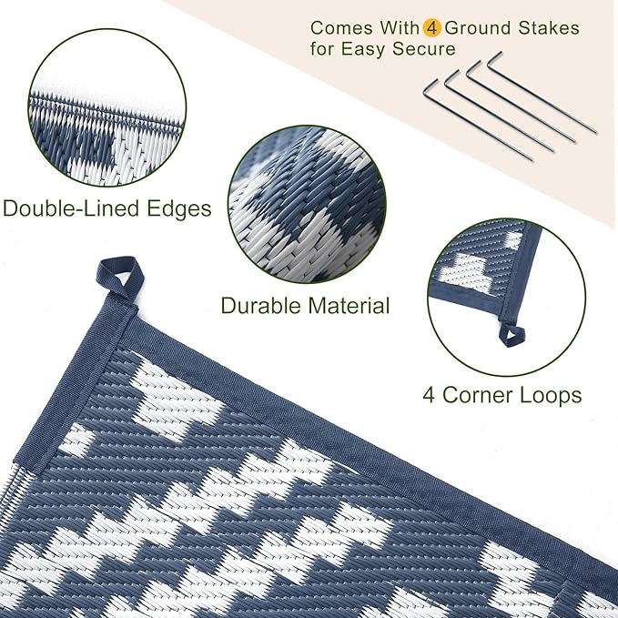 OPPODREAM Outdoor Rug 9x12 Patio Waterproof, Large Outdoor Plastic Straw Rug, Reversible Out Door Carpet for Camping, Deck, Rv, 9 x 12 Area Carpet for Balcony, Porch, Backyard, White and Navy Blue