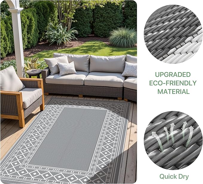 GENIMO Outdoor Rug Waterproof for Patio Decor, 6'x9' Reversible Plastic Straw Area Carpet, Camping Outside Mat for Outdoor, RV, Deck, Camper, Balcony, Picnic, Grey & White