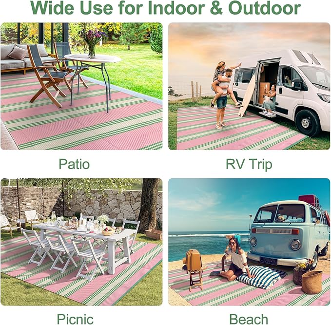 Lahome Striped Outdoor Rug Waterproof, 6x9 Reversible Outdoor Plastic Straw Rug for Camping, RV Patio Rugs Large Carpet for Porch Deck Backyard Balcony Picnic(Pink/Green,6'x 9')