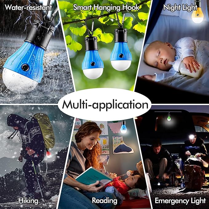 Tent Lamp Portable LED Tent Lights Blue 4 Packs Hook Hurricane Emergency Lights LED Camping Lights Bulb Camping Tent Lanterns Camping Equipment for Camping Hiking Backpacking Fishing Outage