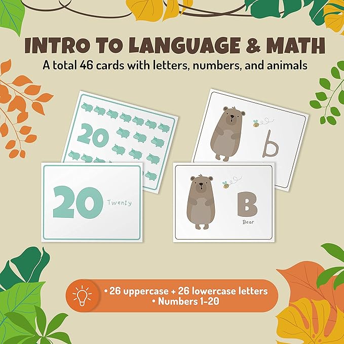 Alphabets and Numbers Animal Flash Cards for Babies, Toddlers, Pre-K, and Kindergarten – Montessori Learning Gift – Uppercase & Lowercase Letters, 123 – 46 Extra Thick Educational Cards