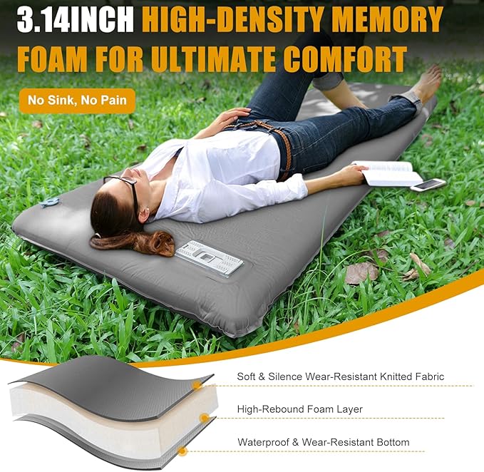 Self Inflating Sleeping Pad with Electric Pump, 3.14" Ultra-Thick Memory Foam Camping Mattress Pad with Pillow Fast Inflating in 30s,9.5 R-Value Insulated Camping Pad for Camping Car Travel, LightGrey