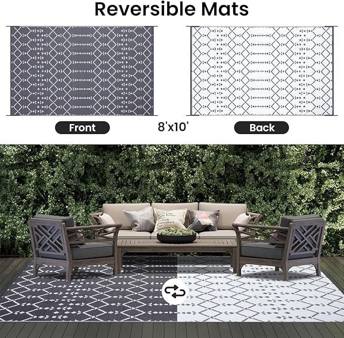 Smiry Outdoor Rug 8x10 ft, Waterproof Reversible Plastic Straw Rugs, Boho Outdoor Area Rug, Outside Floor Mat for Patio, Backyard, Deck, Picnic, Beach, Camping, Grey
