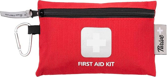 Thrive Travel Essentials Mini First Aid Kit - 66 FSA HSA Approved Products Includes Multi-Sized Bandage, Wipes, Safety Pins, and More (Pouch)