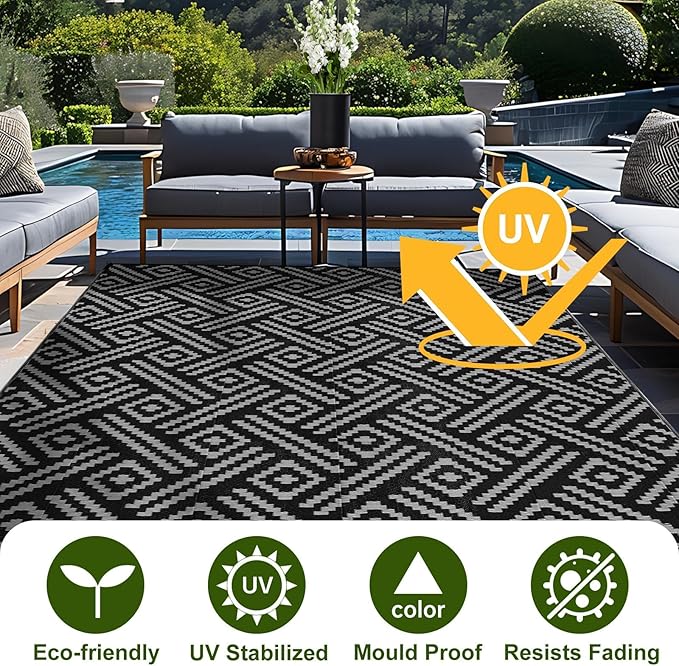 OPPODREAM Outdoor Rug 4x6 Ft, Waterproof Outdoor Plastic Straw Rug for Patio, Reversible Out Door Carpet for Camping, Deck, Rv, 4 x 6 Area Carpet for Balcony, Porch, Backyard, Black and Grey