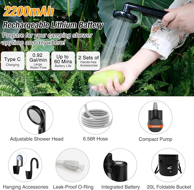 Portable Shower Camping Shower, Outdoor Camp Shower Pump with 5 Gallons Collapsible Bucket, Rechargeable Shower Battery Powered Handheld Shower Head kit for Camping, Beach Washing, Pet Cleaning