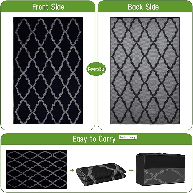 Easy-Going Reversible Outdoor Rugs 4x6ft Waterproof Plastic Straw Rug Stain & UV Resistant Floor Mat for Patio Porch RV Backyard Pool Deck Picnic Beach Trailer Camping (Moroccan Black & Grey)