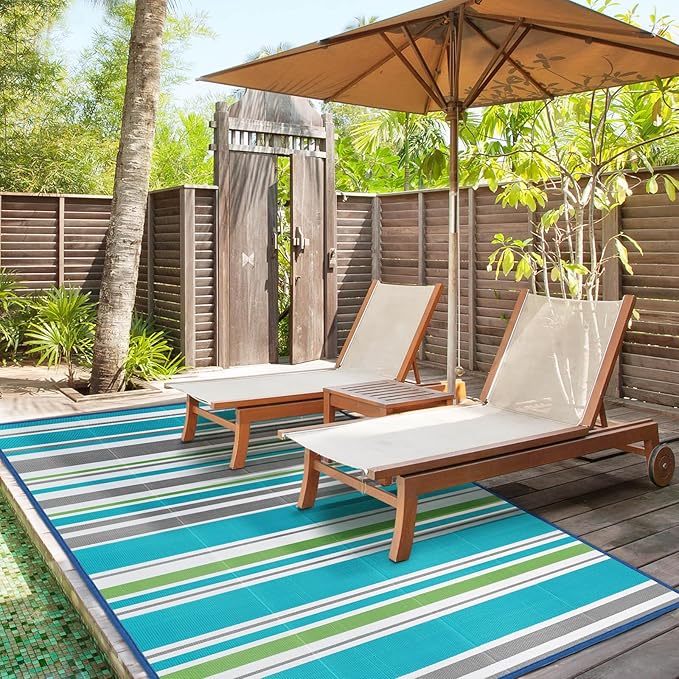 Outdoor Patio Plastic Rug Waterproof - Outdoor Rugs for Camper Outside, Rv, Porch Deck Rug Clearance, Area Carpet for Outside, Balcony, Patio Decor, Turquoise & Grey, 4x6 ft