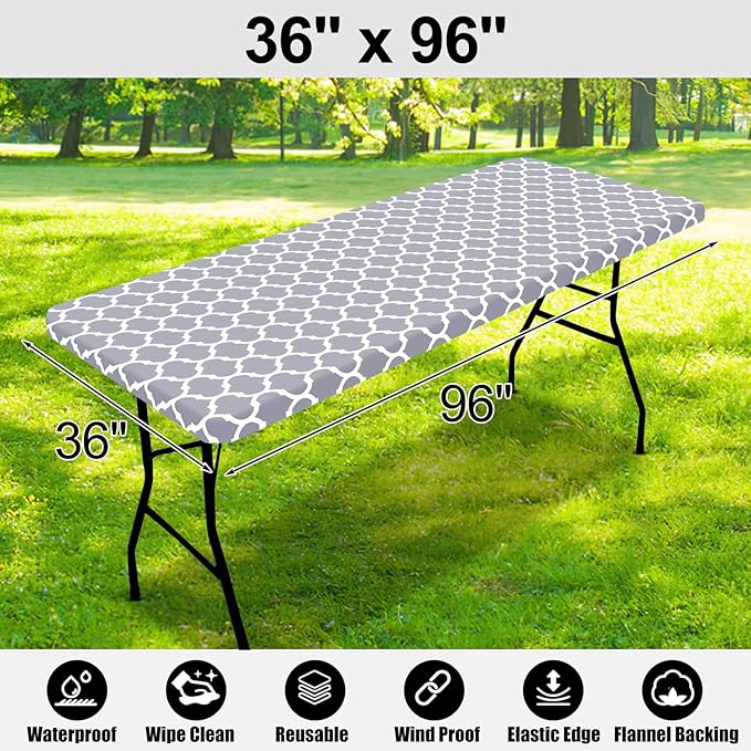 Smiry Rectangle Picnic Table Cover, Waterproof Elastic Fitted Camping Tablecloths for 8 Foot Tables, Wipeable Flannel Backed Vinyl Tablecloth Protector for Indoor, Outdoor (Grey, 36x96 Inches)