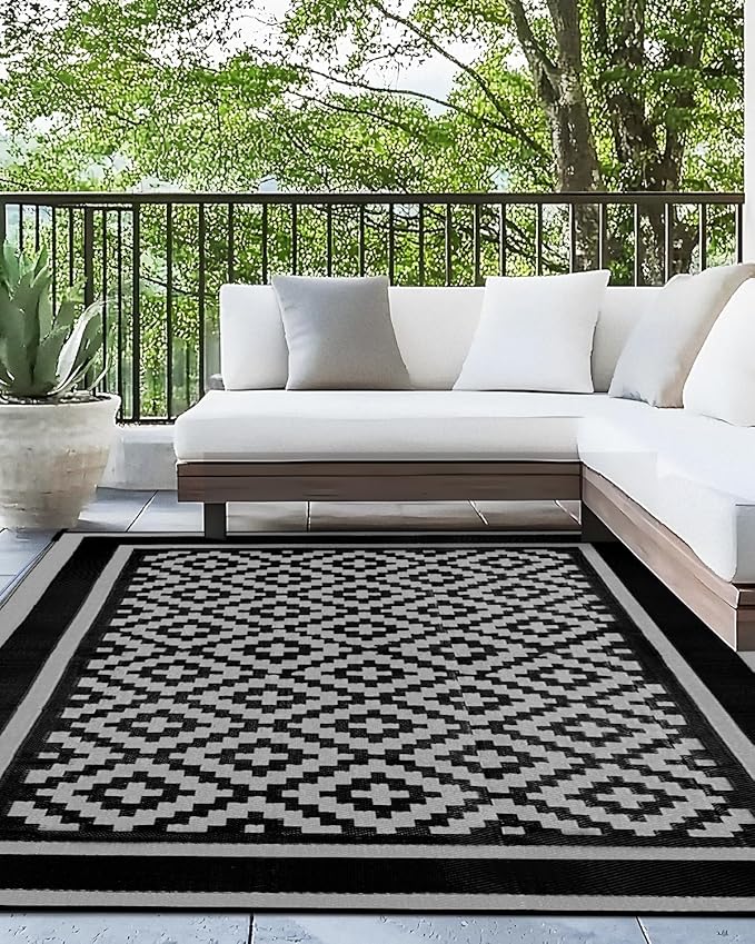 Kohree RV Outdoor Rug 9x12 Reversible, Waterproof Patio Mat with 4 Stakes & UV Fade Resistant, Non-Slip Outdoor Camping Mat for Deck, Picnic, Backyard, Includes Carry Bag (Black & Gray)