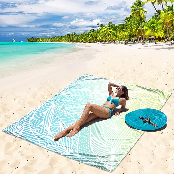 Beach Blanket Waterproof Sandproof Beach Mat for 1-8 Adults Quick Drying Durable Outdoor Picnic Mat for Beach Festival Travel Camping Hiking (Gradiant BL&GN-Ripple, 79"×108"(6 Person))