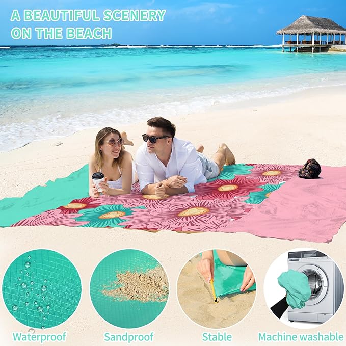 BYDOLL Beach Blanket Waterproof Sandproof 78''×81'' Suits1-4 Adults Compact Lightweight Oversized Sand-Free Blanket Large Picnic Mat for Beach Travel Camping Hiking