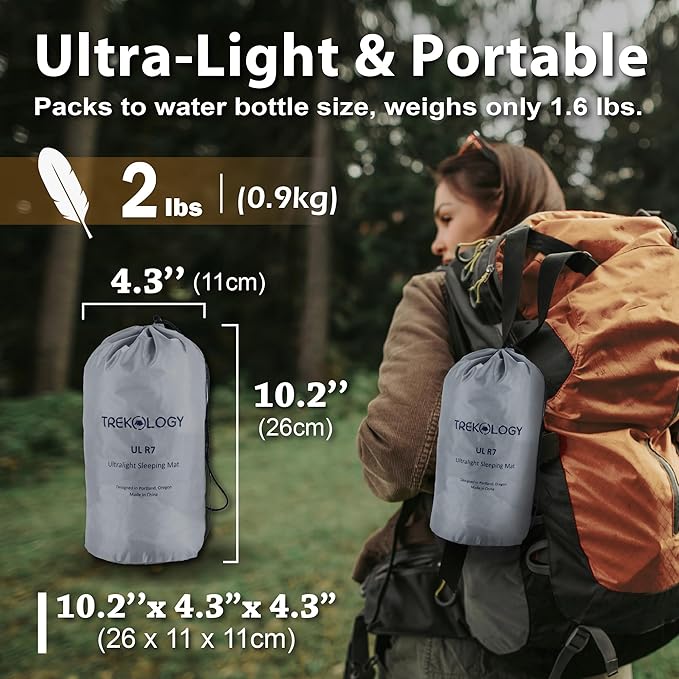 TREKOLOGY Camping Sleeping Pad – Ultra-Lightweight, 4" Thick Camping Mat with 7.2 R-Value for All Seasons – Compact, Durable & Waterproof – Ideal for Backpacking, Hiking, and Outdoor Adventures UL R7