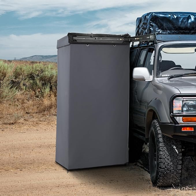 SanHima Awning Shower Tent with 90° Swning Arm - Car Side Shower Room w/LED Light, Camping Waterproof Portable Privacy Shelter Bathroom Overland, Gray