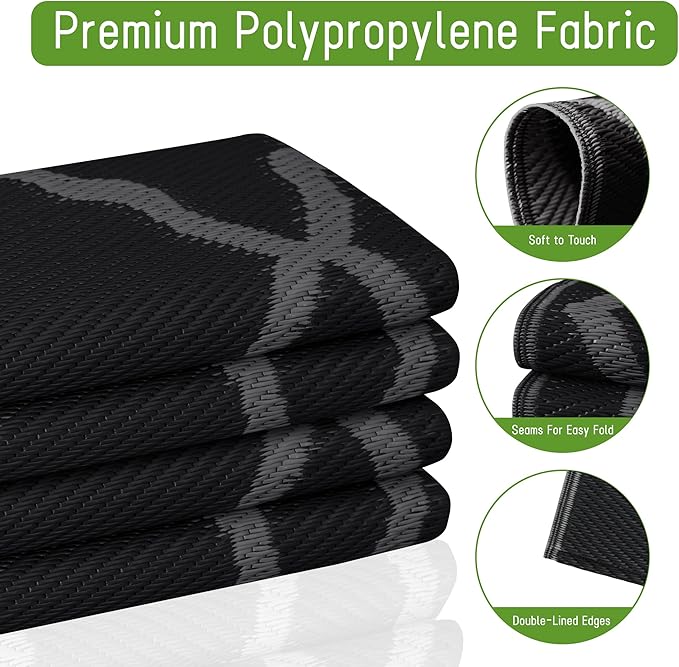 Easy-Going Reversible Outdoor Rugs 4x6ft Waterproof Plastic Straw Rug Stain & UV Resistant Floor Mat for Patio Porch RV Backyard Pool Deck Picnic Beach Trailer Camping (Moroccan Black & Grey)