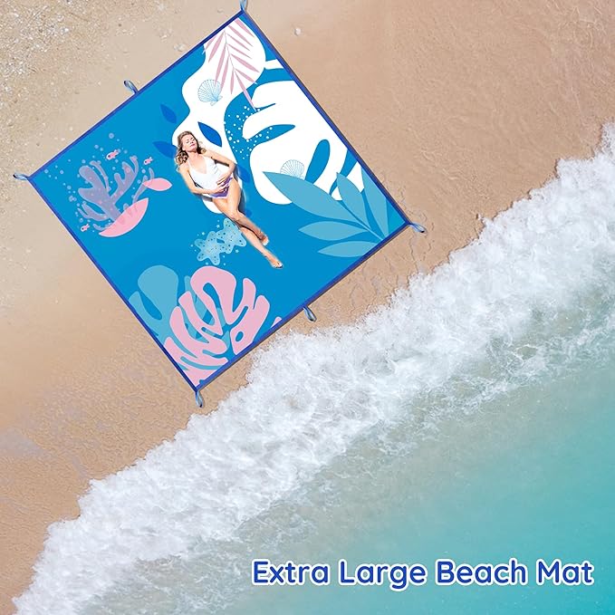 Beach Blanket Sandproof, Extra Large Beach Mat 80"*80" for 1-8 Persons,Waterproof Outdoor Picnic Blankets, Lightweight Beach Essentials for Camping,Traveling,Hiking (Blue Pattern, 80"*80")