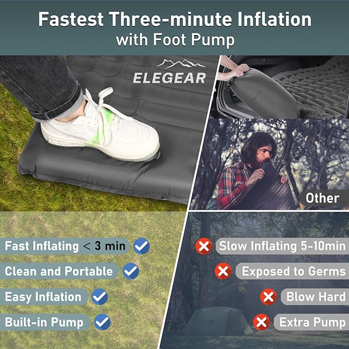 Elegear Double Sleeping Pad for Camping, 4" Ultra-Thick Self Inflating Camping Pad 2 Person with Pillow Built-in Foot Pump Camping Sleeping Mat for Backpacking, Hiking, Portable Camping Pad