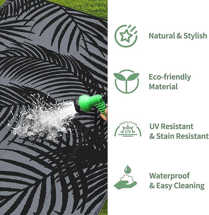 GENIMO Outdoor Rug 8' x 10' Waterproof for Patio Clearance, Reversible Lightweight Plastic Straw Camping Carpet, Large Area Rugs Mats for Rv, Porch, Backyard, Deck, Picnic, Balcony, Mix-Black & Gray