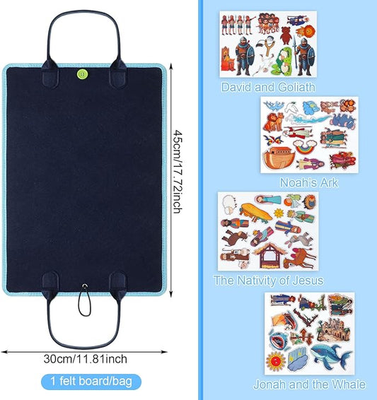 4 Pack Felt Board Bible Stories Set Flannel Board Stories Include Noah's Ark, Jonah and The Whale, David and Goliath, The Nativity of Jesus, 52 Pcs Precut Bible Felt Story Board for Kid